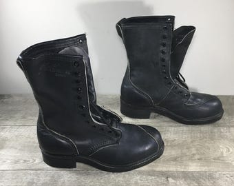 Botas de liniero vintage con punta de acero, de cuero negro, para hombre, talla 7, fabricadas en EE. UU.