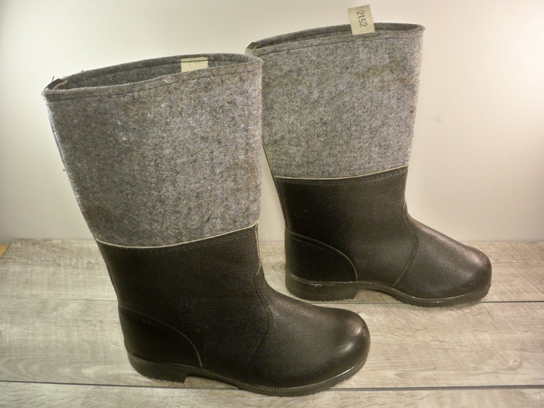 Vintage Eastern Front Gray Wool & Black Leather Mens Snow Winter Military Combat Marching Riding Boots Size 9