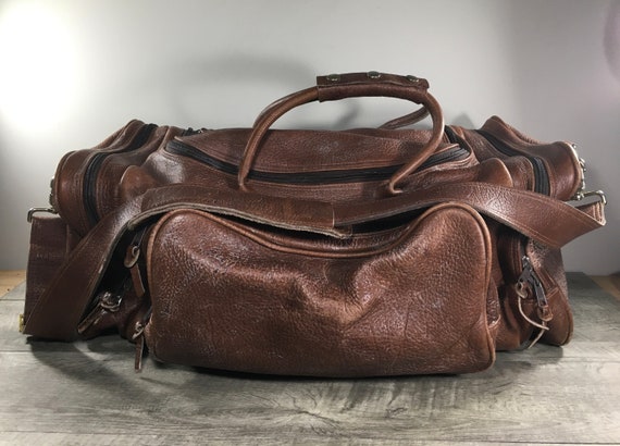 Vintage Brown Bullhide Leather Duffel Duffle Gym … - image 1