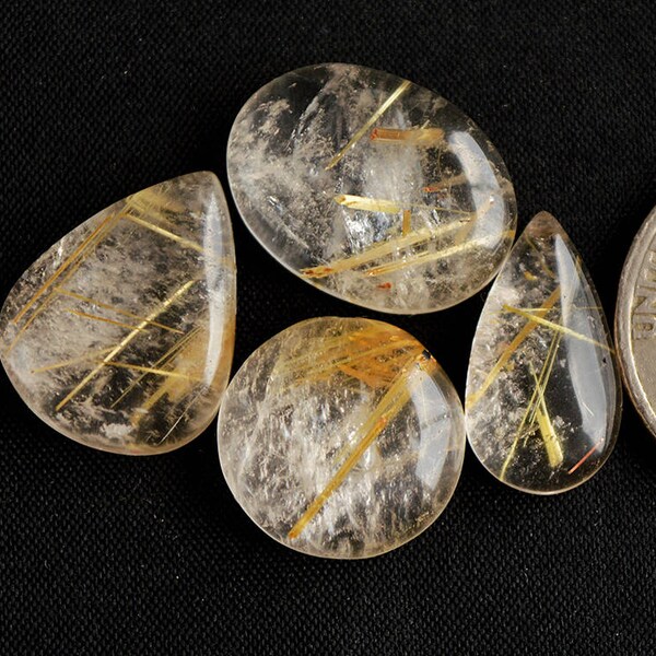 4 Pcs Natural Black Rutile Quartz Cabochon Gemstone,18x14mm,36Cts Jewelry Making Gemstone#5293