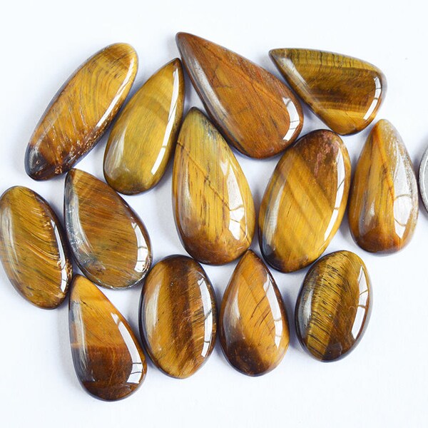 13 Pcs Yellow Tiger Eye Gemstone,30x15mm,255Cts Genuine Iron Tiger Eye Cabochon Gemstone for Jewelry Making#6334