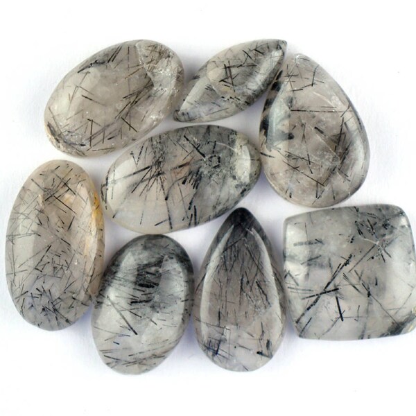 8 Pcs Natural Black Rutile Quartz Cabochon Gemstone,25x14mm,140Cts Genuine Black Rutile Jewelry Making Gemstone#7523