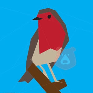 Könnte beinhalten: Ein Rotkehlchen sitzt auf einem braunen Ast vor einem leuchtend blauen Hintergrund. Der Vogel ist in einem geometrischen Stil mit scharfen Winkeln und flachen Farben dargestellt.