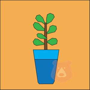 May include: A green plant with a brown stem in a blue pot on an orange background.
