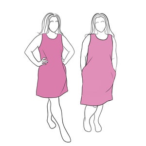 May include: Two line drawings of people wearing sleeveless pink dresses. The person on the left is standing with their hand on their hip. The person on the right is standing with their hands in their pockets.
