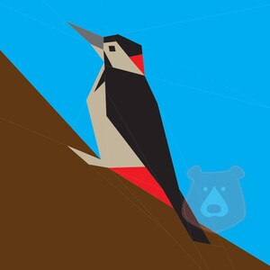 May include: A geometric illustration of a woodpecker perched on a brown branch against a blue background. The bird has a black head, white body, and red accents.