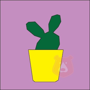 May include: A green cactus plant in a yellow pot against a purple background.