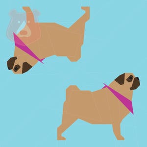 May include: Two origami pugs, one standing and one upside down, both with pink bandanas. The pugs are made of brown paper and have black eyes and noses.