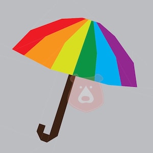 May include: A rainbow-colored umbrella with a brown handle. The umbrella is open and the handle is pointing to the right. The umbrella is in front of a light gray background.