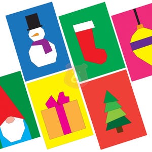 May include: A set of six colourful cards featuring various Christmas-themed illustrations. The cards include a snowman, a stocking, a Christmas tree, a gnome, a gift box, and a Christmas ornament.