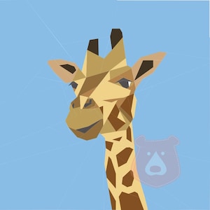 May include: A geometric illustration of a giraffe's head and neck, featuring shades of brown, tan, and cream, with dark brown spots and accents. The giraffe is set against a light blue background with faint geometric lines.