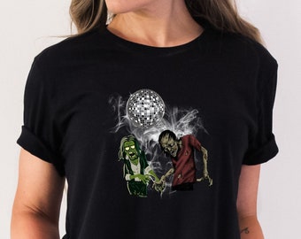 Undead Disco Fever: Zombie Prom Night Shirt with Two Zombies Dancing under a Disco Ball
