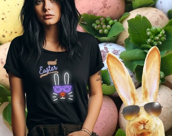 Helles Ostern Shirt mit festlichen Neonlichtern und Ostern Symbolen-Feiern mit Stil! l Ostermode l Ostergeschenk lFrühlingsshirt lOsterhase