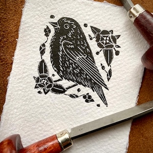 Robin hand printed wood engraving A7