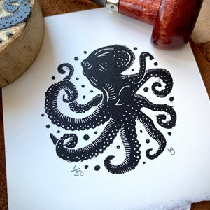 Octopus hand printed wood engraving square