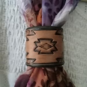 Western / Southwestern Leather Scarf Slide with Aztec Geometric patterns