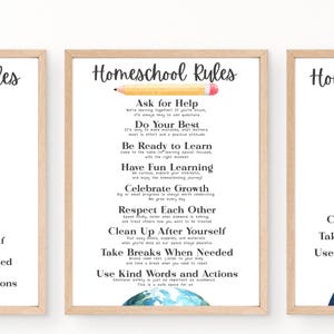 May include: Three framed prints displaying "Homeschool Rules" with a pencil illustration. The rules include "Ask for Help," "Do Your Best," and "Use Kind Words and Actions." The right print has a watercolor globe at the bottom.