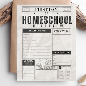 May include: A printed paper form titled First Day of Homeschool Interview with sections for All About Me, This Is Me, My Favorites, Summer Snapshot, and This Year I'd Like To Do More Of, featuring black text on a light, textured paper background.