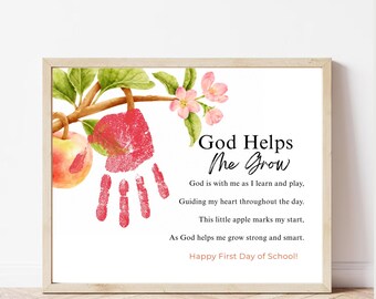 God Helps Me Grow Poem Apple Handprint Craft, Christian First Day of School Printable Keepsake. Faith-Based Back to School Activity