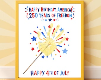 Happy Birthday America Handprint & Fingerprint Craft Printable, 250 Years of Freedom, July 4th Sparkler Keepsake
