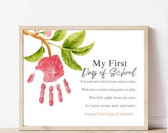 First Day of School Apple Handprint Craft Printable, My First Day of School Poem, Daycare, Preschool, Kindergarten Keepsake Activity