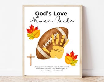Christian Football Handprint Craft Printable | God’s Love Never Fails | Fall Bible Craft for Kids | Sunday School Football Keepsake