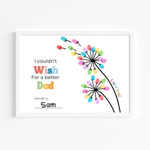 May include: White framed print with the text "I couldn't Wish For a better Dad". The artwork features colorful fingerprint dandelions and the words "I love you!" in a playful font. Signed "Sam".