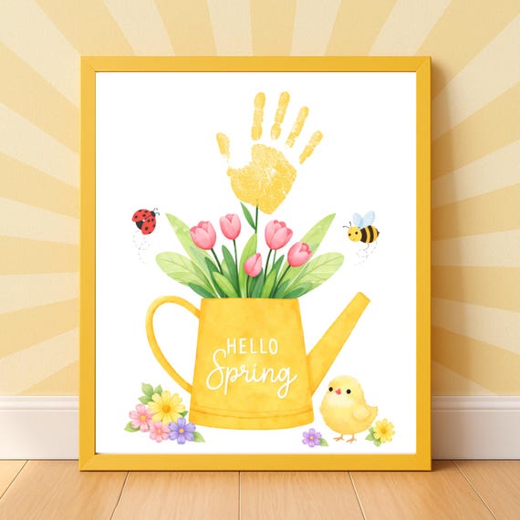 Hello Spring Handprint Craft Printable | Spring Flower Handprint Art | Preschool Daycare Spring Activity | Kids Spring Keepsake Craft