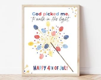 Christian Sparkler July 4th Handprint Fingerprint Craft Printable, God Picked Me to Walk in His Light, Sparkler Keepsake, VBS Sunday School