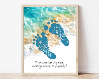 Beach Footprint Craft Printable, Tiny Toes by the Sea Keepsake, Summer Footprint Art, Preschool Beach Activity