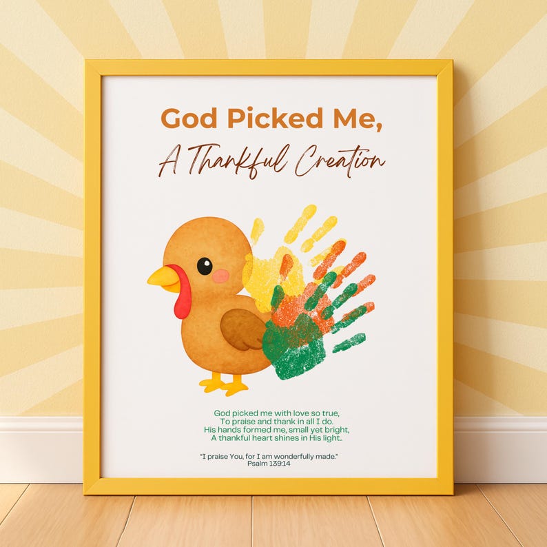 Christian Thanksgiving Handprint Craft for Kids Turkey Craft God Picked Me A Thankful Creation Printable Bible Verse Fall Sunday School Art image 6