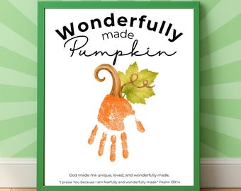 Christian Pumpkin Handprint Craft Printable | Wonderfully Made Handprint Keepsake | Psalm 139:14 Fall Activity | Preschool Bible Craft