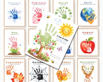 Handprint Art Memory Book Printable, 12 Month Kids Calendar Monthly Handprint Crafts Toddler Preschool PreK Kinder Daycare Keepsake Activity