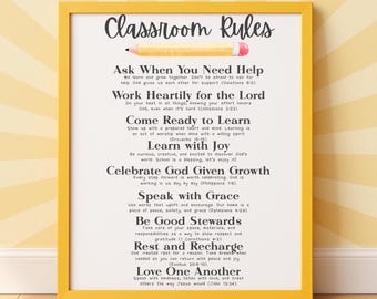 Printbare poster met christelijke klassenregels | Bijbelse klasdecoratie | Bord met regels voor thuisonderwijs | Muurdecoratie voor de zondagsschool | Christelijk cadeau voor leerkrachten