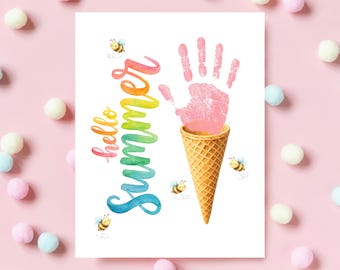 Hello Summer Ice Cream Cone Handprint Craft Printable, Preschool Summer Keepsake, Daycare Kindergarten Activity
