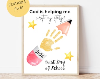 Editable First Day of School Pencil Handprint Craft | Christian School Printable | Canva Template | Psalm 139:16 Keepsake