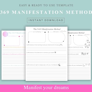 May include: Printable 369 manifestation method worksheet with three sections for affirmations in the morning, afternoon, and night. The worksheet includes a graphic of a butterfly, a moon, and a sun.