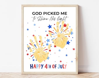 God Picked Me to Shine His Light Handprint Craft Printable, Christian July 4th Keepsake, Patriotic Fireworks Activity for Kids