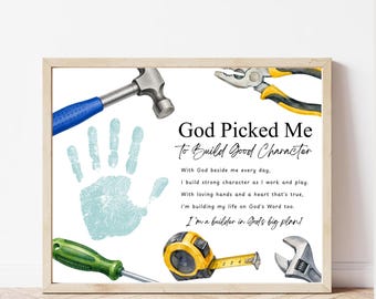 Christian VBS Handprint Craft Printable, God Picked Me to Build Good Character, Construction Theme Bible School Activity, Sunday School