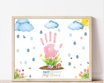 April Showers Bring May Flowers Handprint Craft | Spring Handprint Printable Preschool Activity | Spring Keepsake Kindergarten Flower Craft