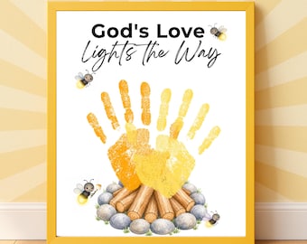 Christian Campfire Handprint Craft Printable, God's Love Lights the Way, VBS Craft Fall Campfire Activity Church Camp Keepsake Sunday School
