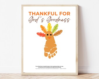 Christian Thanksgiving Turkey Footprint Craft, Thankful for God's Goodness Printable, Baby Keepsake, Sunday School Activity PDF