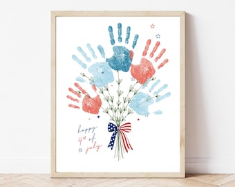 July 4th Handprint Flowers, Patriotic Handprint Bouquet Craft Printable, Fourth of July Keepsake, Independence Day Kids Activity