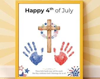 Christian 4th of July Handprint Craft, Patriotic Cross Printable, God Bless America Kids Craft, Preschool July 4th Keepsake