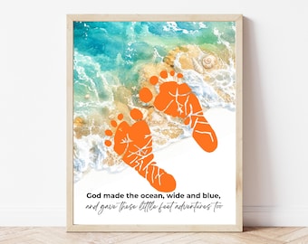 Christian Beach Footprint Craft Printable, God Made the Ocean Keepsake, Summer Footprint Art, Preschool Ocean Activity