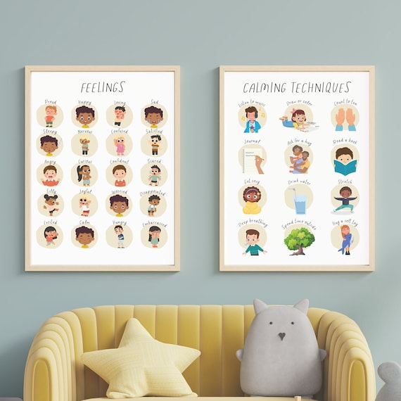 Calm Down Corner Printable Set of 2, Feelings Chart & Calming Techniques Poster for Kids, Emotional Regulation Classroom Decor