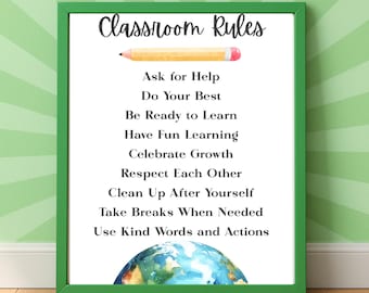 Classroom Rules Printable | Classroom Rules Poster | Elementary Classroom Decor | Teacher Classroom Poster | School Rules Wall Art