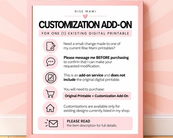 Digital Printable Customization Add On, Personalized Printable Editing Service, Custom Text Font Color or Size Changes, Digital File Edit