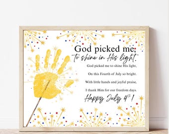 God Picked Me to Shine His Light Printable Christian July 4th Handprint Craft Faith Kids Sparkler Art Scripture Keepsake