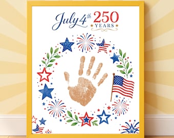 May include: A framed print with a yellow border, celebrating July 4th. The design features a handprint, stars, fireworks, and an American flag. The text reads "July 4th 250 Years."